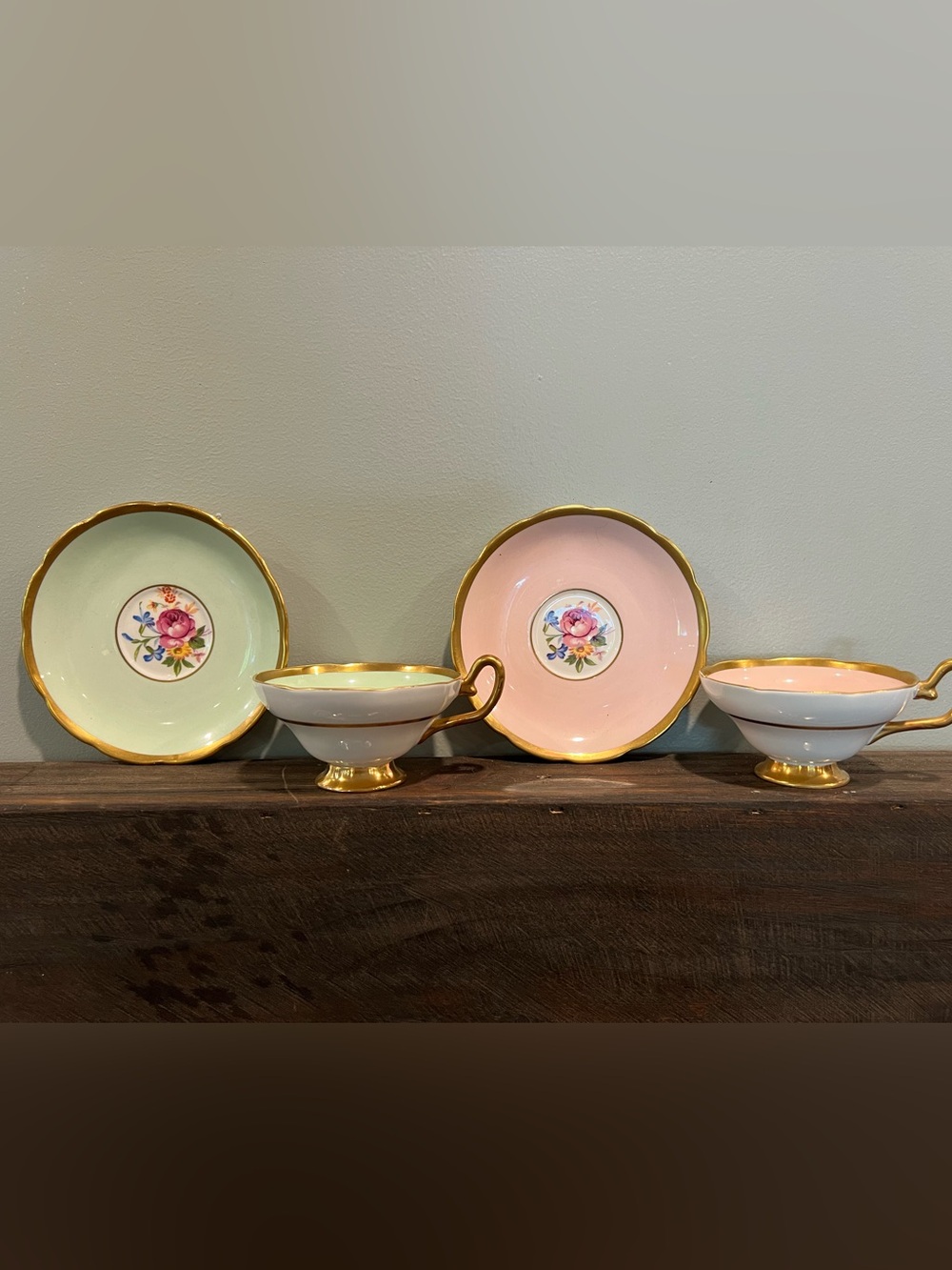2 Vintage Taylor & Kent Green & Pink Floral Teacups & Saucers Bone China England
